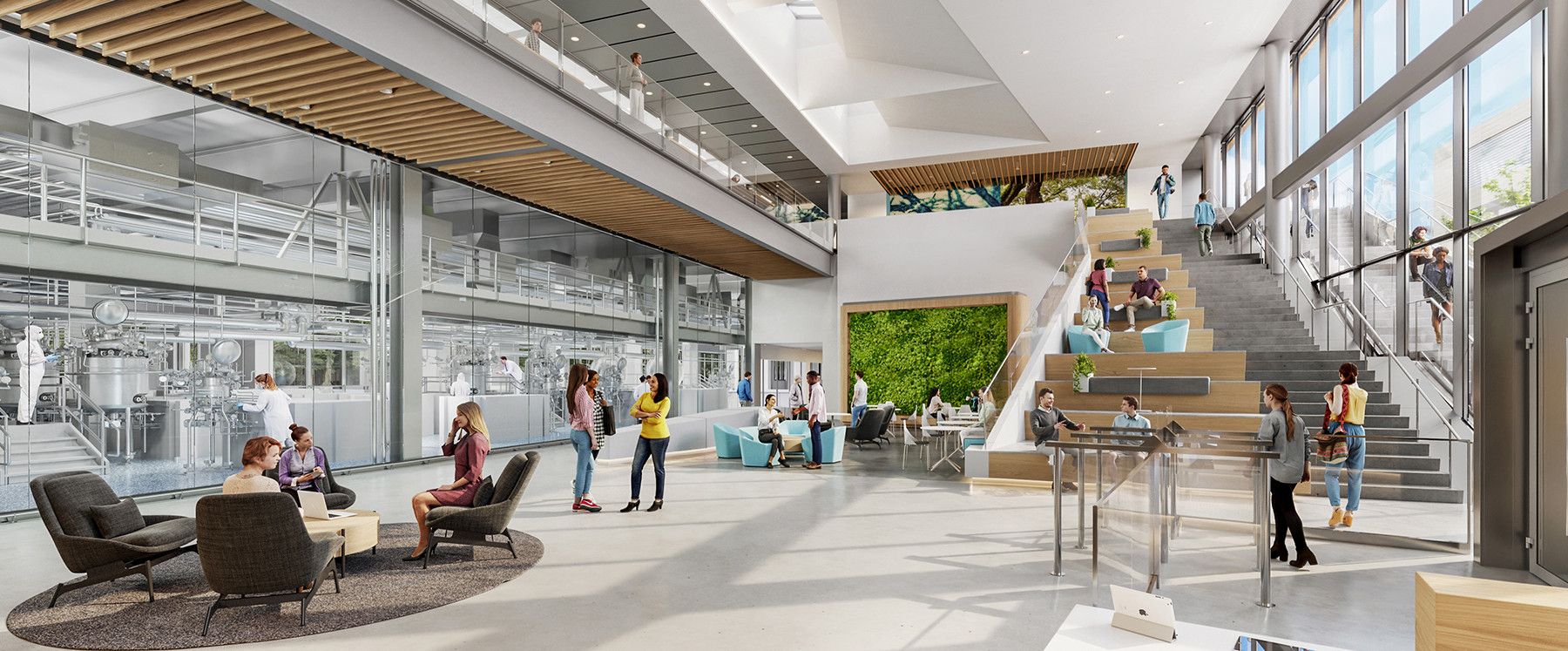 Flad Architects Biomanufacturing facility open atrium over lobby