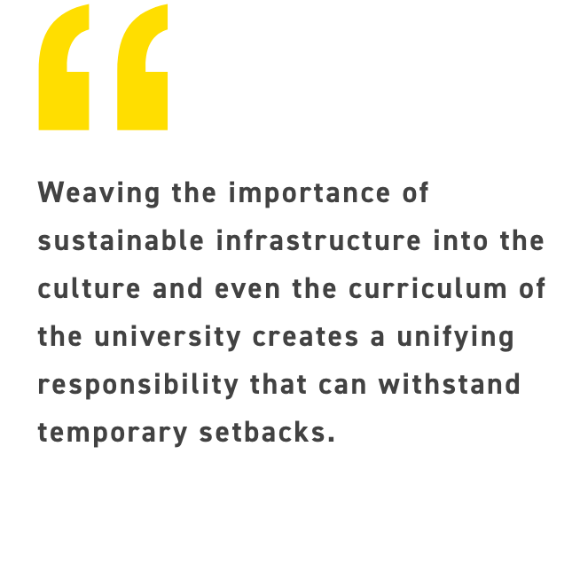 Weaving the importance of sustainable infrastructure into the culture and even the curriculum of the university creates a unifying responsibility that can withstand temporary setbacks.